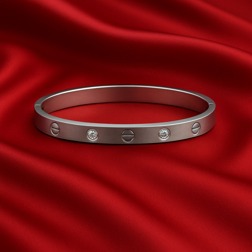 Minimalist Silver Screw-Design Bangle with Crystal Accents