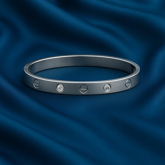 Minimalist Silver Screw-Design Bangle with Crystal Accents