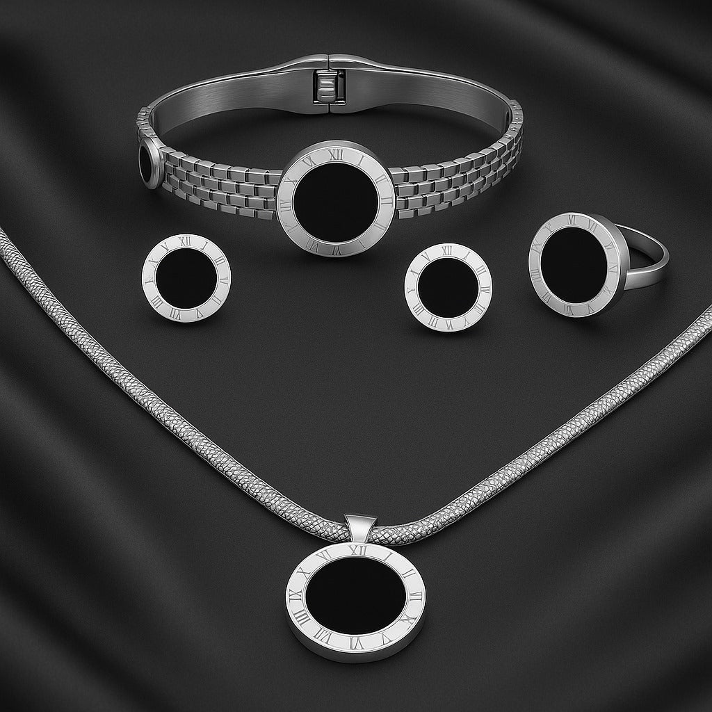 Elegant Silver Stainless Steel Black Enamel Jewelry Set for Women