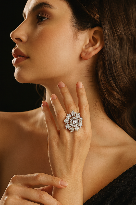 Floral Diamond Cocktail Ring in Silver Finish