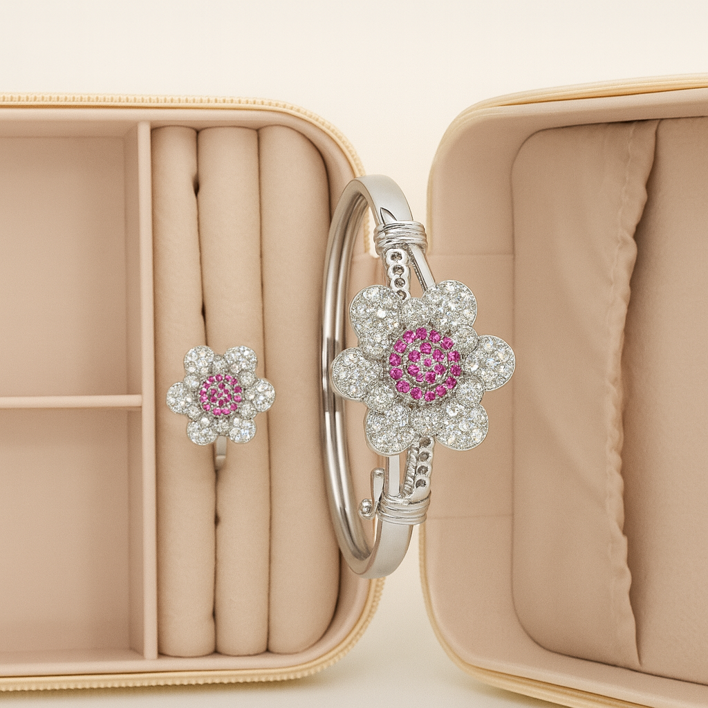 Silver-Tone Flower Jewelry Set with Pink CZ Stones