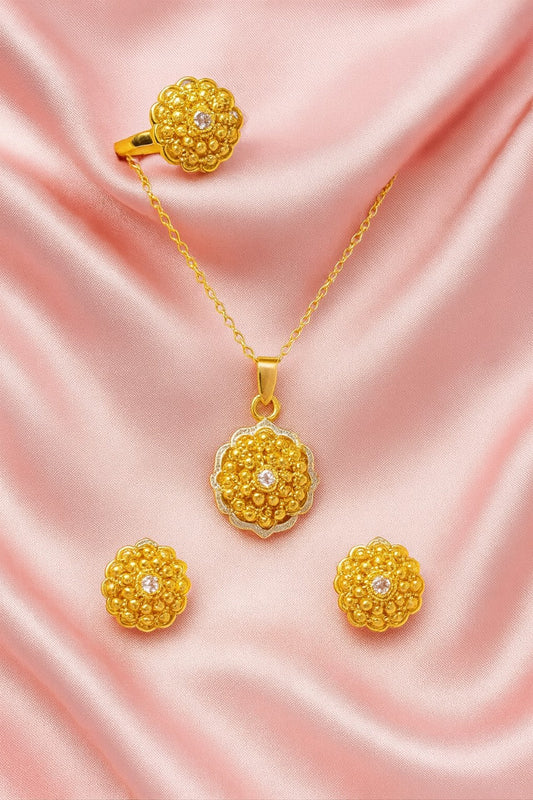 Handcrafted 24K Gold-Plated Floral Jewelry Set – Necklace, Earrings & Ring