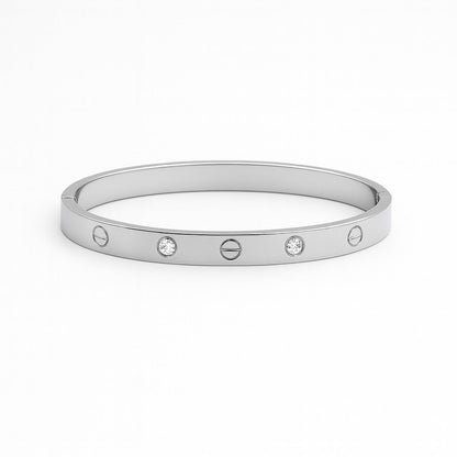 Minimalist Silver Screw-Design Bangle with Crystal Accents