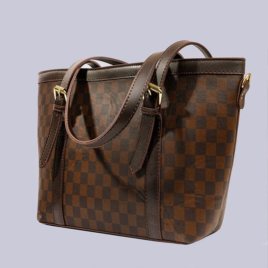 Classic Brown Checkered Tote Bag – Premium PU Leather