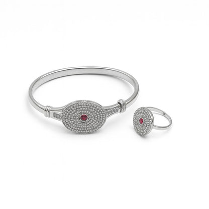 Elegant Silver Ruby Center Jewelry Set – Crystal-Studded Bangle & Ring