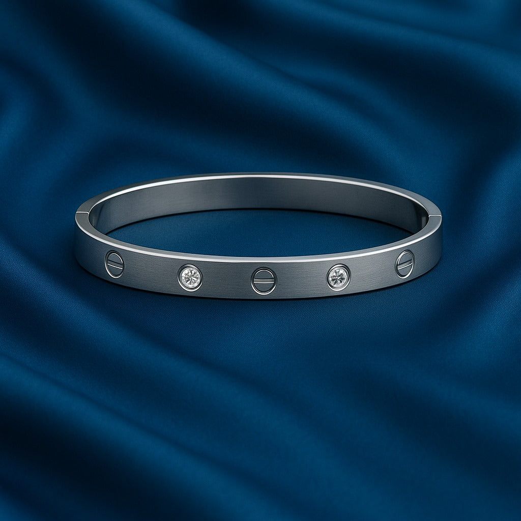 Minimalist Silver Screw-Design Bangle with Crystal Accents