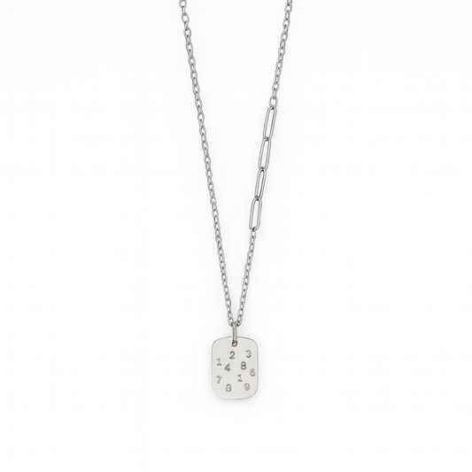 Men’s Stainless Steel Number Tag Necklace – Minimalist Silver Chain Pendant