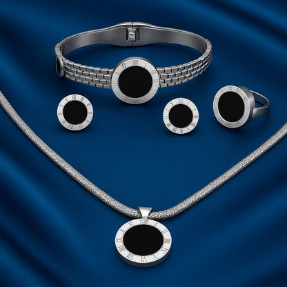 Elegant Silver Stainless Steel Black Enamel Jewelry Set for Women