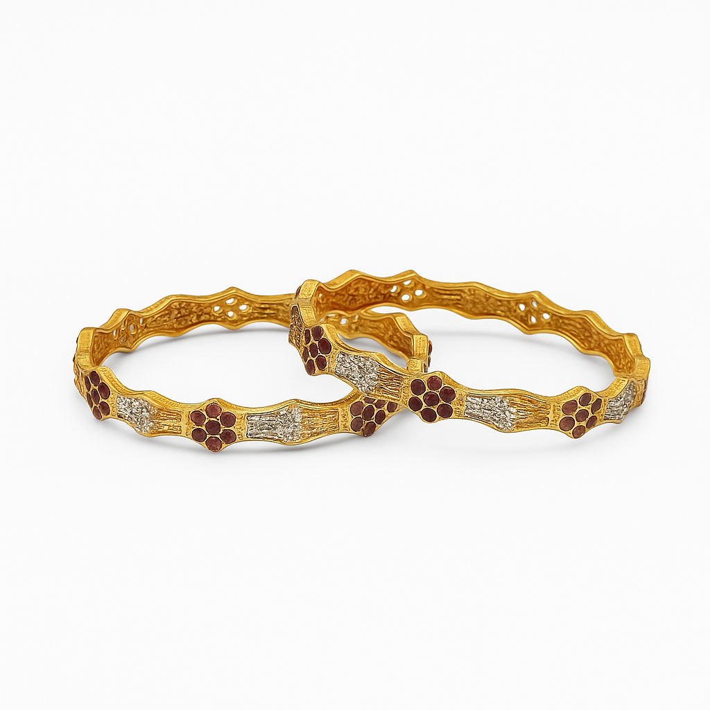 Gold Plated Red & Silver Pattern Bangles – Pair