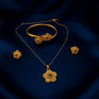 Gold Plated Black Stone Floral Jewelry Set