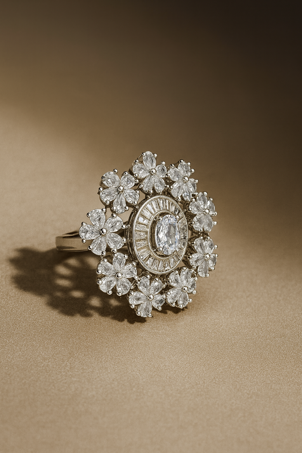 Floral Diamond Cocktail Ring in Silver Finish