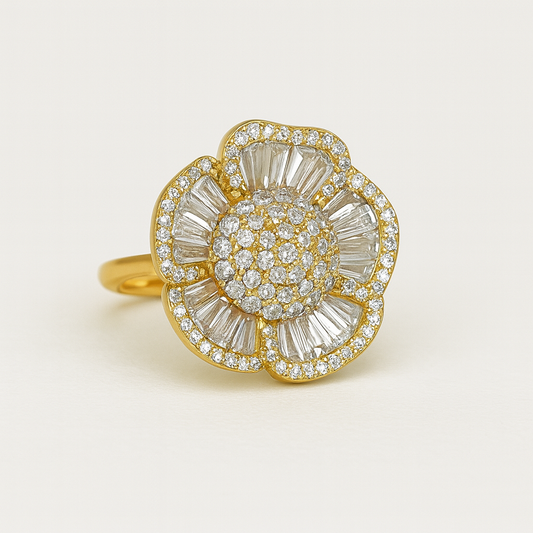 Gold-Plated Floral Statement Ring with Baguette Stones