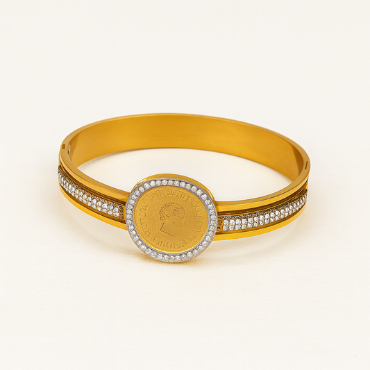 Gold-Plated Onecard Coin Bangle with CZ Stones