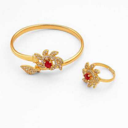 Floral Ruby Red Crystal Gold Jewelry Set (Bangle & Ring)