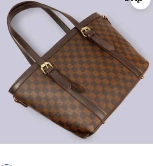 Classic Brown Checkered Tote Bag – Premium PU Leather
