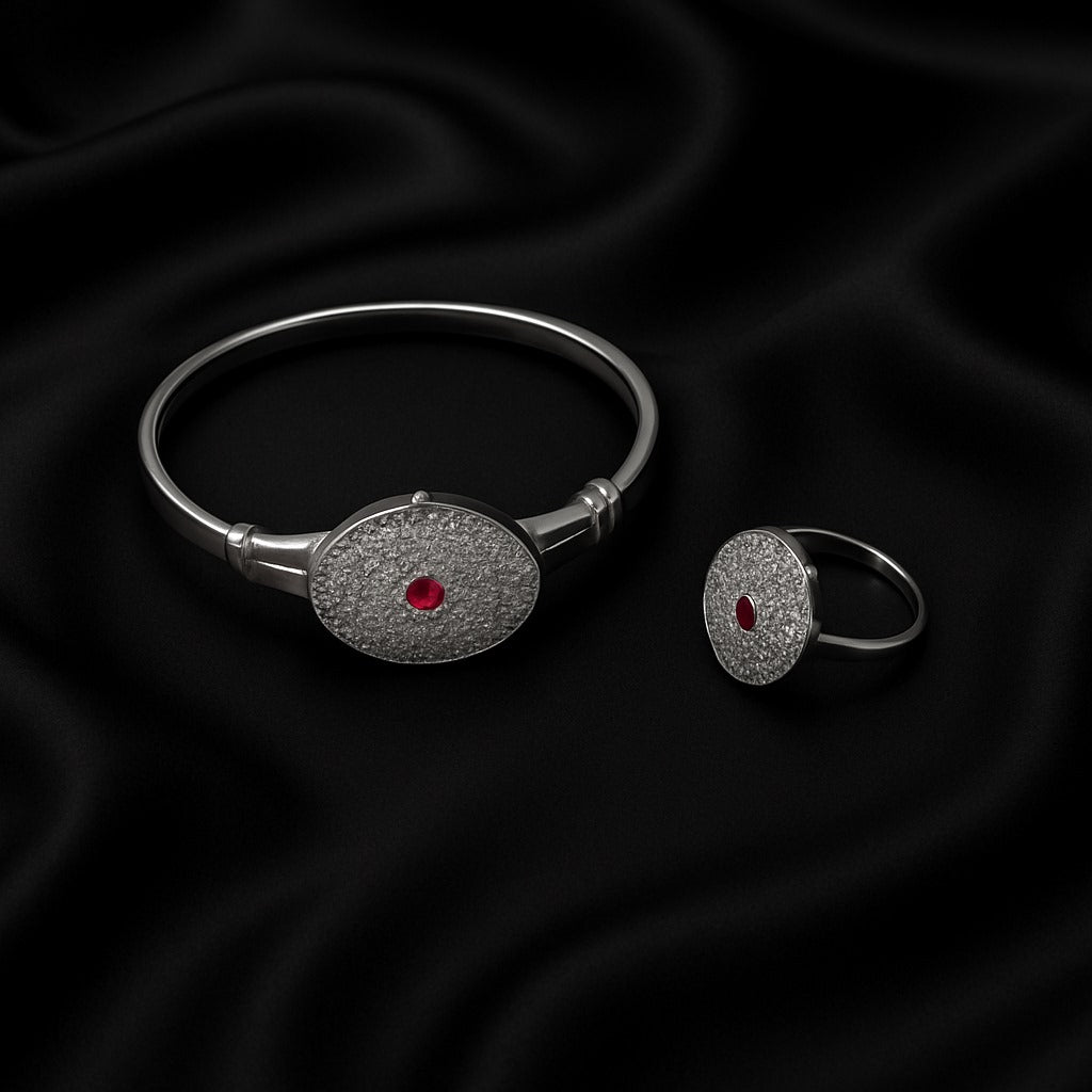 Elegant Silver Ruby Center Jewelry Set – Crystal-Studded Bangle & Ring