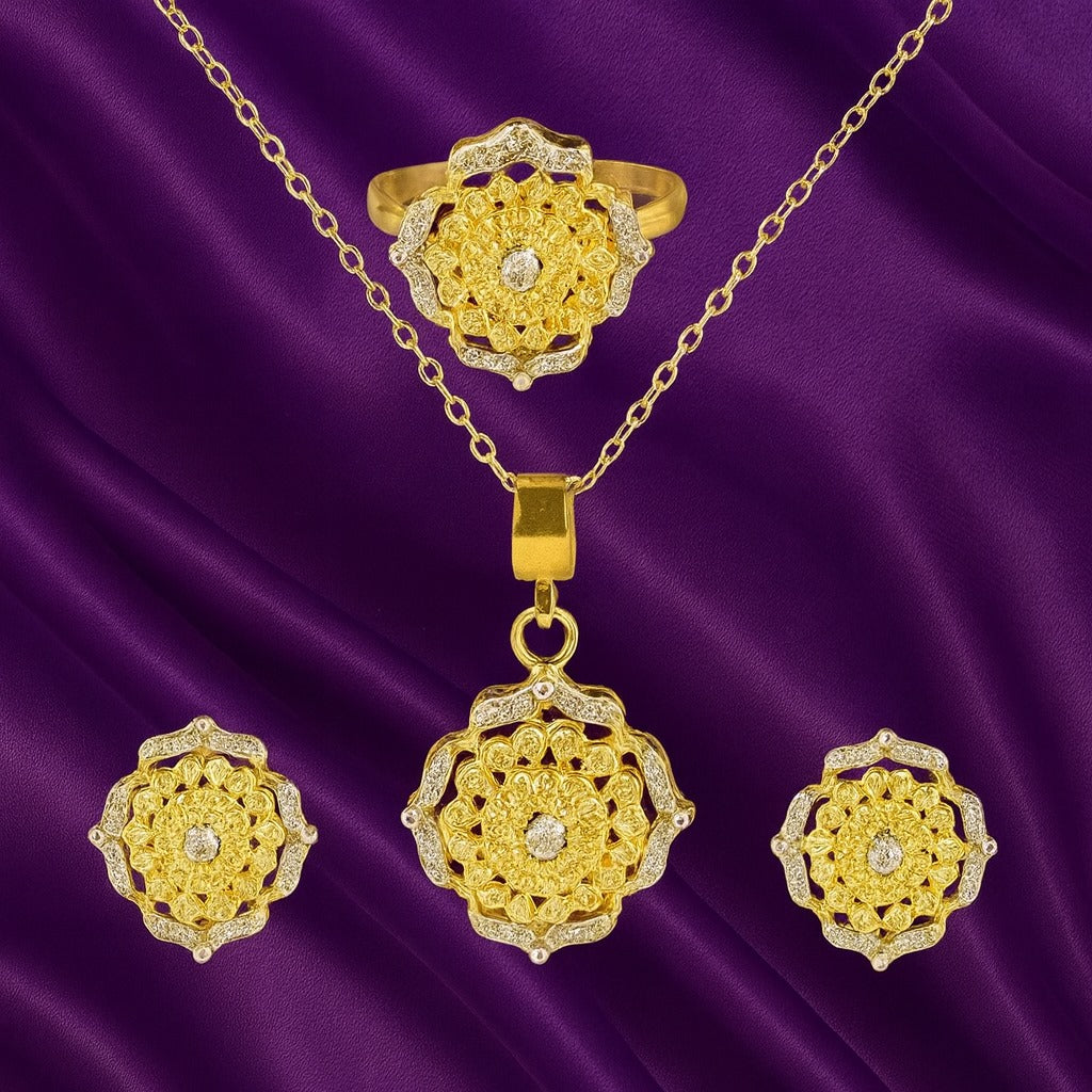 Handcrafted 24K Gold-Plated Floral Jewelry Set – Necklace, Earrings & Ring